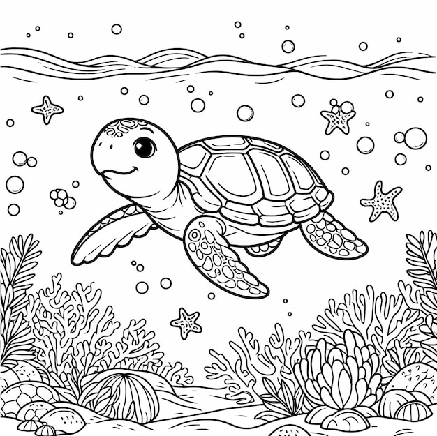 Vector a turtle swimming in the ocean with the seaweed and the words turtle