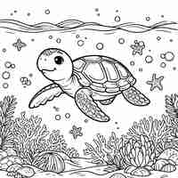 Vector a turtle swimming in the ocean with the seaweed and the words turtle