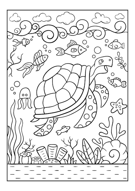 Vector a turtle swims under water fish swim around it. black and white .illustration for coloring book