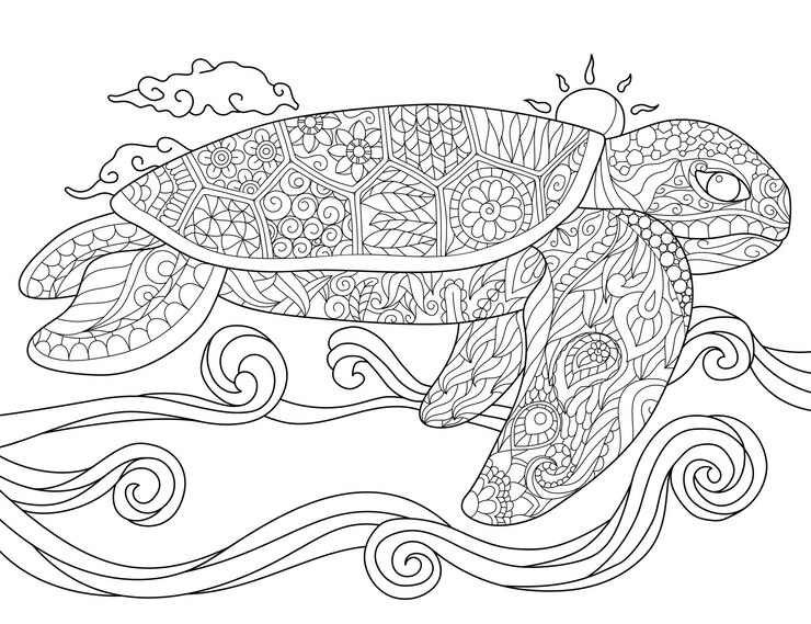 Vector turtle undersea black and white coloring book outline vector illustration