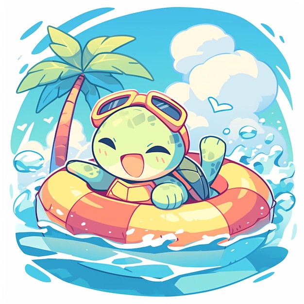 A turtle on a water tube cartoon style