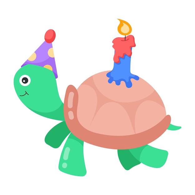 A turtle wearing a party hat with a candle on it.