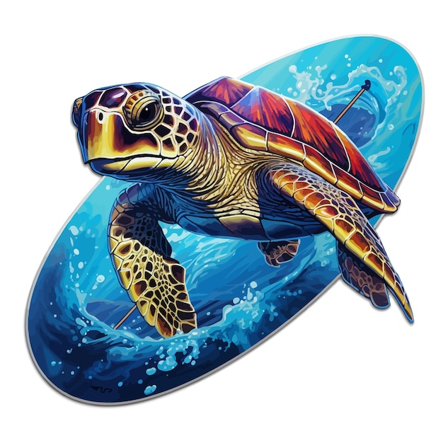 a turtle with a red and green body is on a blue and white background.