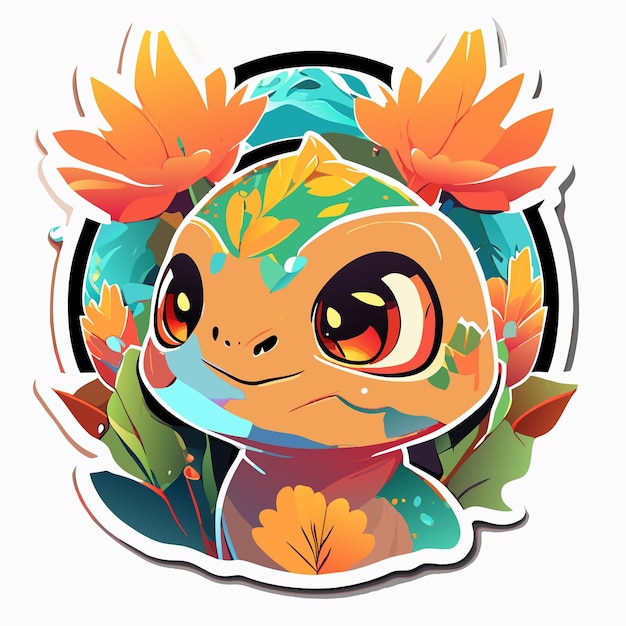 Turtle with tropical leaves in cartoon style