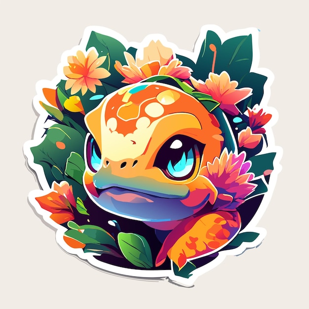 Turtle with tropical leaves in cartoon style