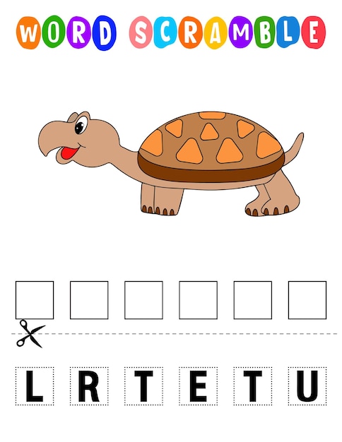 Turtle Word scramble Educational game for kids English language spelling worksheet for preschool children