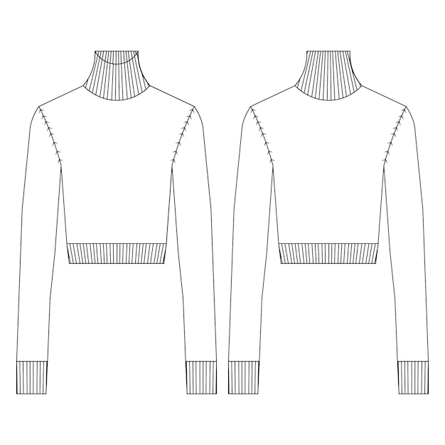 Вектор Шорт с длинными рукавами, ребрами, трикотажными одеждой, свитером, шаблоном, техническим рисунком, плоским эскизом, макетом, cad fas