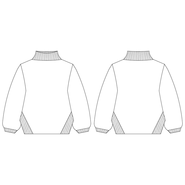 Vector turtleneck ribbed half sleeve with open sides slouchy sweater knitwear template technical drawing fl