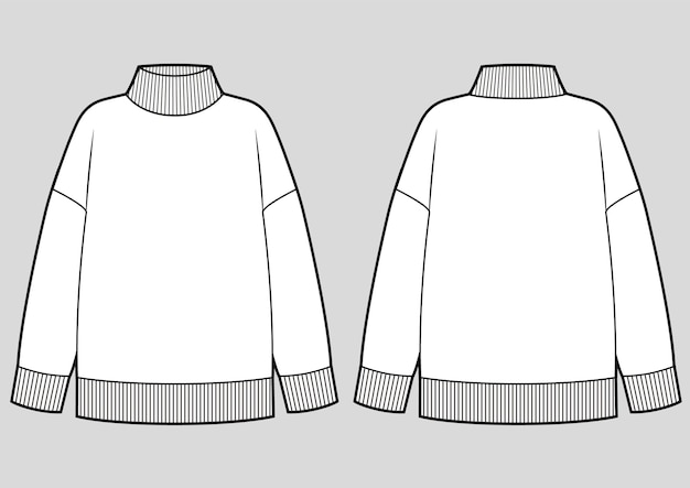 Вектор Векторный шаблон свитера с водолазкой вид спереди и сзади наброски модного технического эскиза одежды
