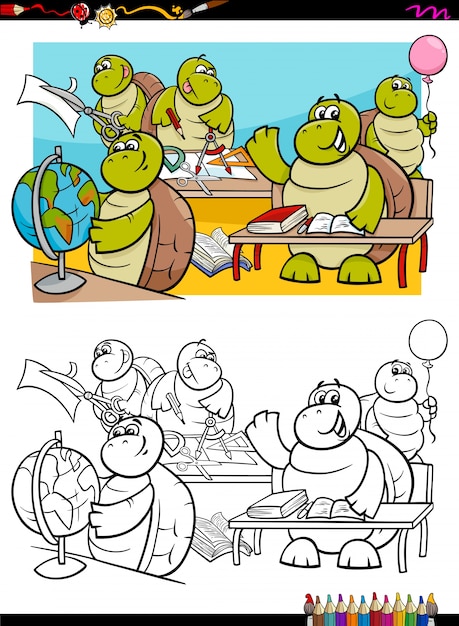 Vector turtles student characters coloring book