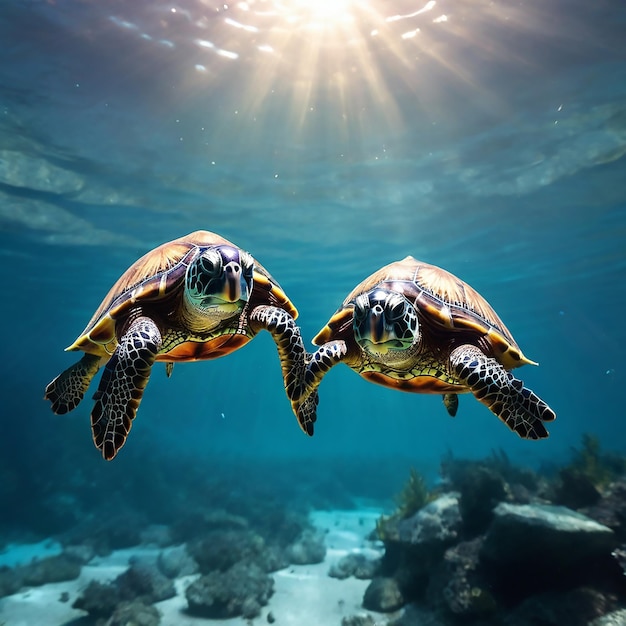 Turtles swimming in ocean sun light deep sea background