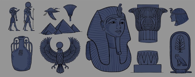 Vector tutankhamun's pharaoh mask column with lotus palm owl cartouche cleopatra pyramids crane