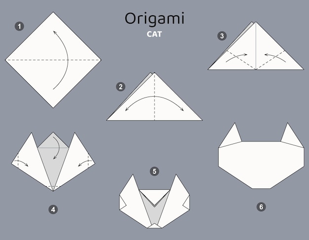 벡터 튜토리얼 고양이 종이 접기 구성표. 회색 배경에 고립 된 종이 접기 요소. 아이들을 위한 종이접기.