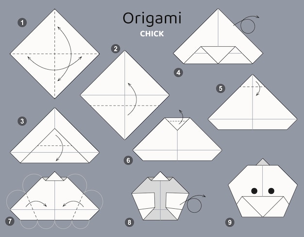 Tutorial chick origami scheme. isolated origami elements on grey backdrop. Origami for kids.