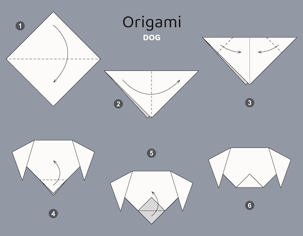 チュートリアル 犬の折り紙スキーム。灰色の背景に折り紙要素を分離しました。子供向けの折り紙。