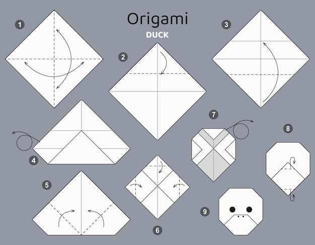 Tutorial Duck origami scheme. isolated origami elements on grey backdrop. Origami for kids.