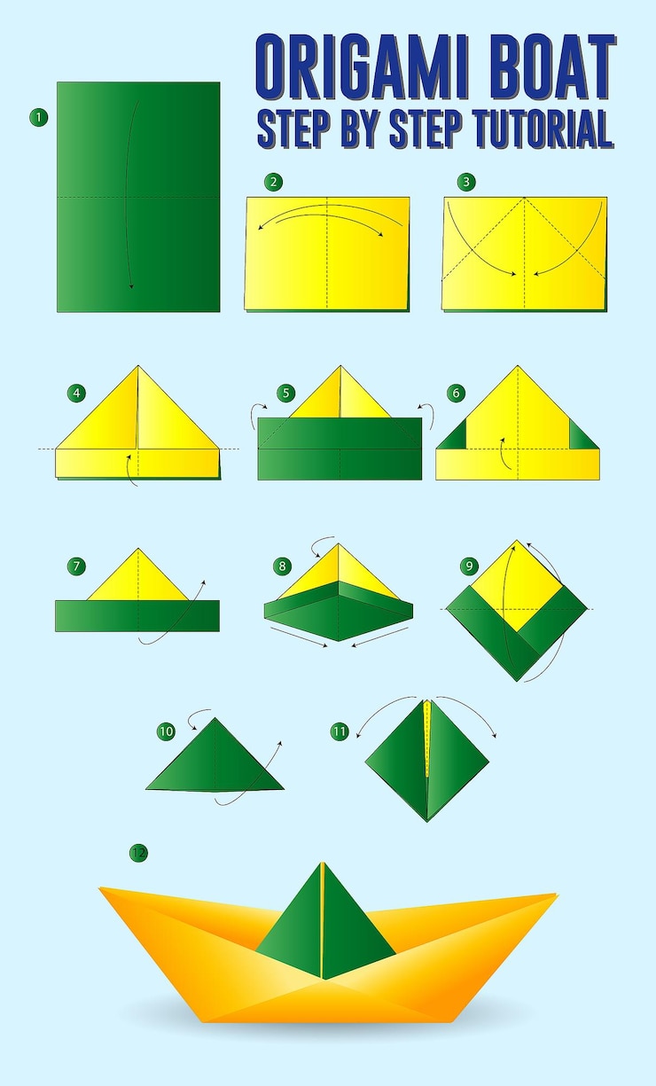 Vector tutorial of folded paper boat origami seamless background isolated