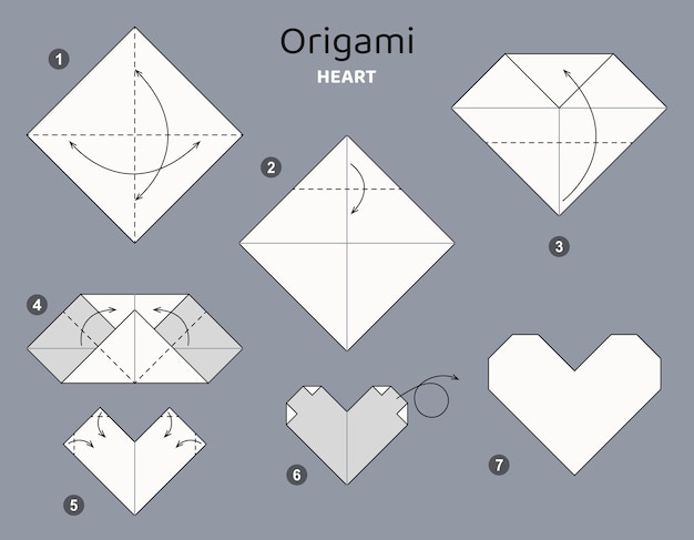 Tutorial Heart origami scheme. isolated origami elements on grey backdrop. Origami for kids.