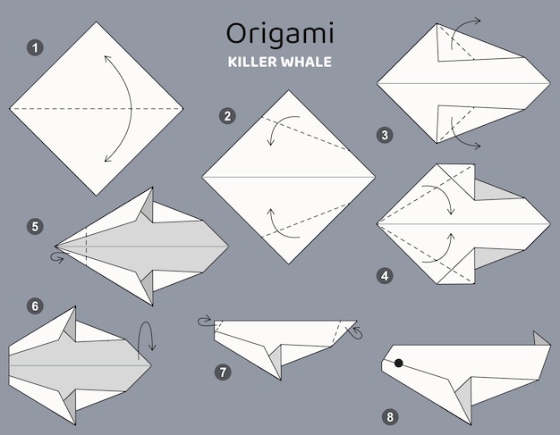 Tutorial Killer Whale origami scheme. isolated origami elements on grey backdrop.