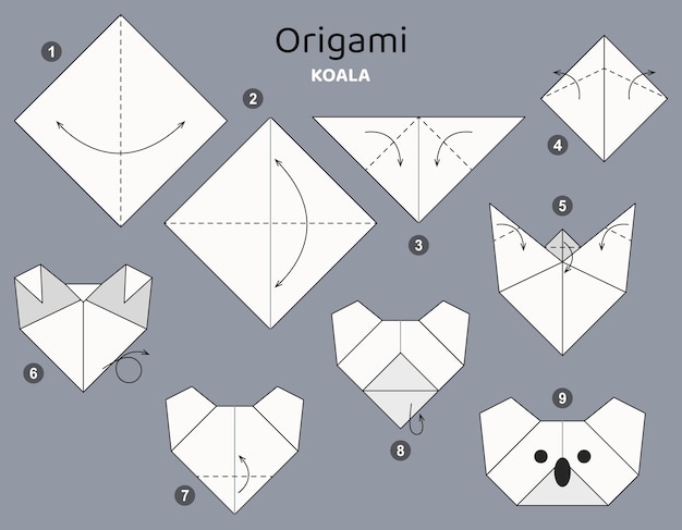 Tutorial koala origami scheme. isolated origami elements on grey backdrop. Origami for kids.