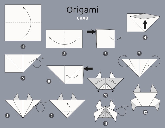 Tutorial Krab origami schema. geïsoleerde origami-elementen op grijze achtergrond. Origami voor kinderen.