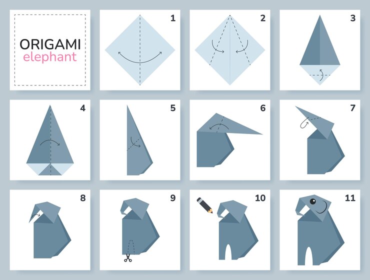 Vector tutorial origami schema met olifant geïsoleerde origami elementen op grijze achtergrond origami voor kinderen