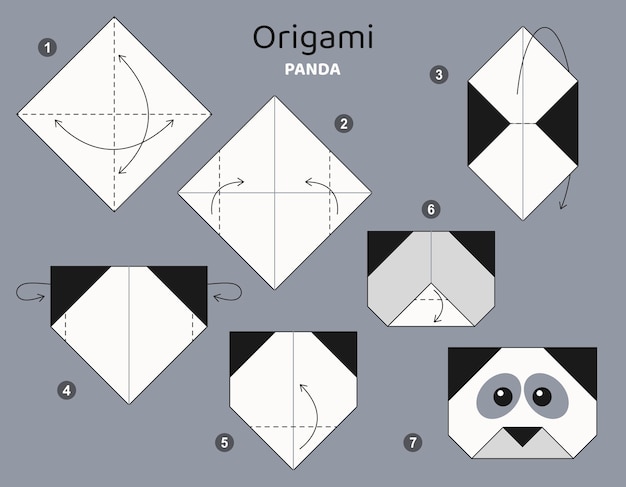 Tutorial schema origami con panda. elementi di origami isolati su sfondo grigio. origami per bambini. s