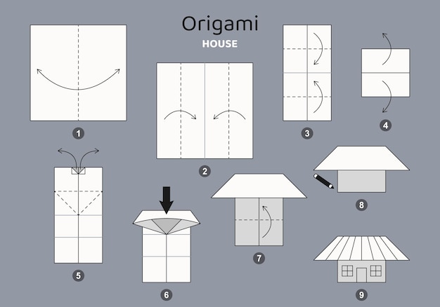 Tutorial origami scheme with small house isolated origami elements on grey backdrop Origami