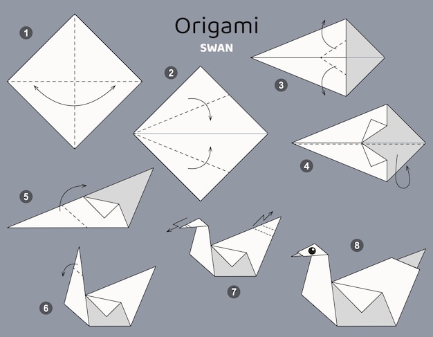 白鳥を使ったチュートリアル折り紙スキーム。灰色の背景に折り紙要素を分離しました。子供向けの折り紙。