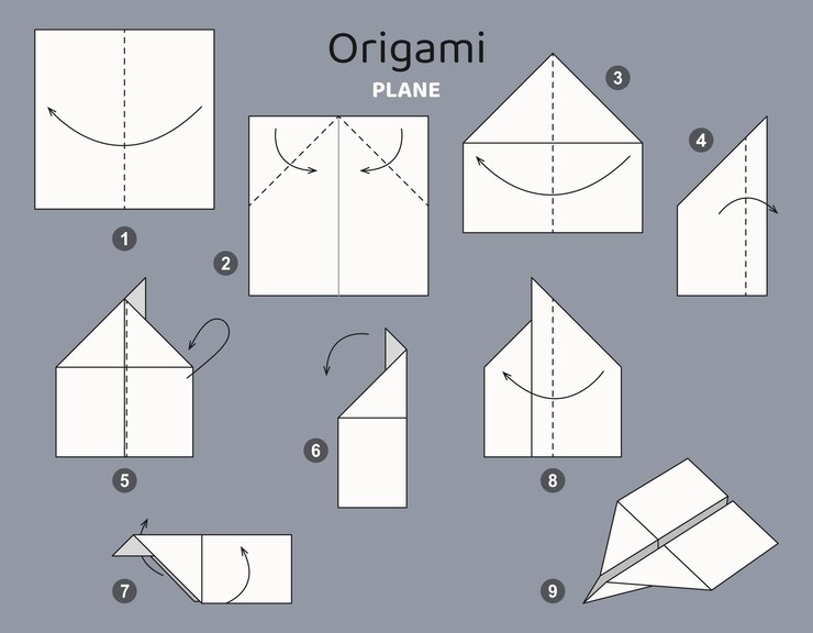 Vector tutorial plane origami scheme. isolated origami elements on grey backdrop. origami for kids.