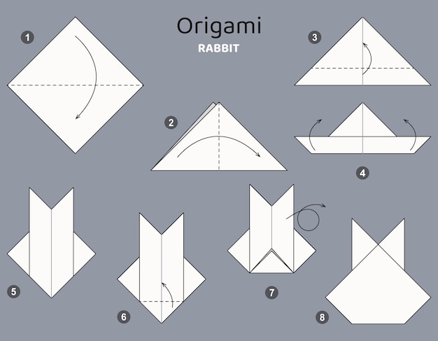 Tutorial Rabbit origami scheme. isolated origami elements on grey backdrop. Origami for kids.