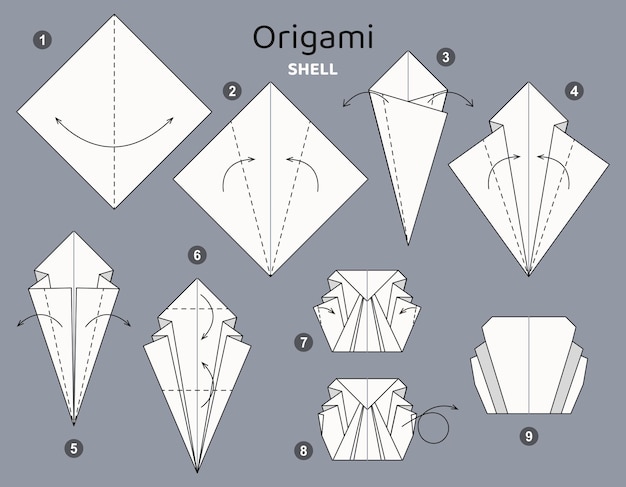 チュートリアル シェル折り紙スキーム。灰色の背景に折り紙要素を分離しました。子供向けの折り紙。