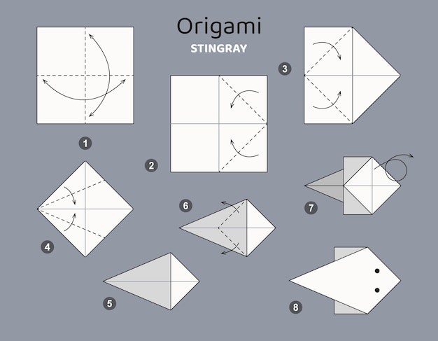 Schema di origami di pastinaca tutorial. elementi di origami isolati su sfondo grigio. origami per bambini.