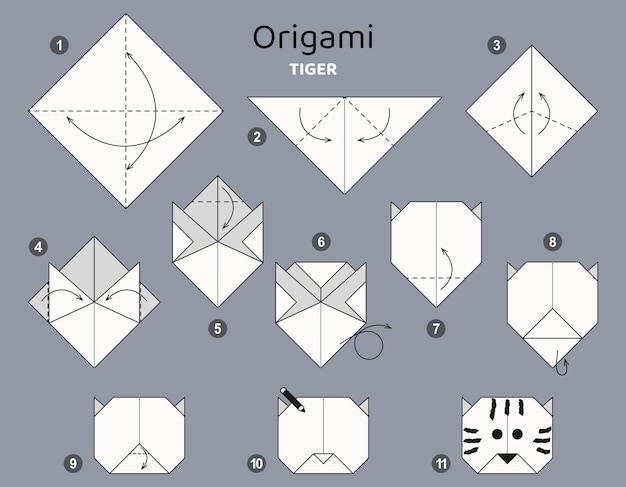 Tutorial Tiger origami scheme. isolated origami elements on grey backdrop. Origami for kids.