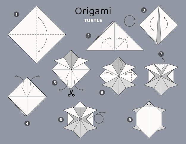 Tutorial turtle origami scheme. isolated origami elements on grey backdrop. Origami for kids.