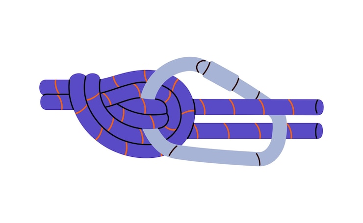 Vector tutorial of upward overhand knot with carabiner technique of tying cord bundle with carabine marine bond closeup belaying rope node cordage flat isolated vector illustration on white background