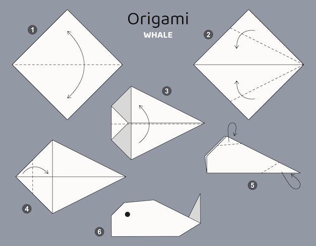 Tutorial schema origami balena. elementi di origami isolati su sfondo grigio. origami per bambini.