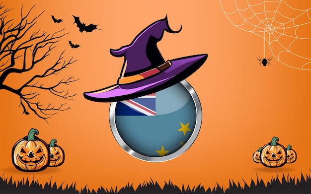 круглый флаг тувалу с баннером Happy Halloween или приглашением на вечеринку, летучие мыши, пауки и тыквы, оранжевый фон