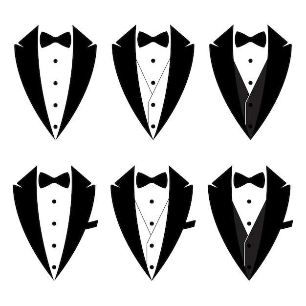 Vector tuxedo set with bow ties a symbol of service for men the concept of a tuxedo with a bowtie butler sign gentleman waiter costume groom's tuxedo flat style vector illustration