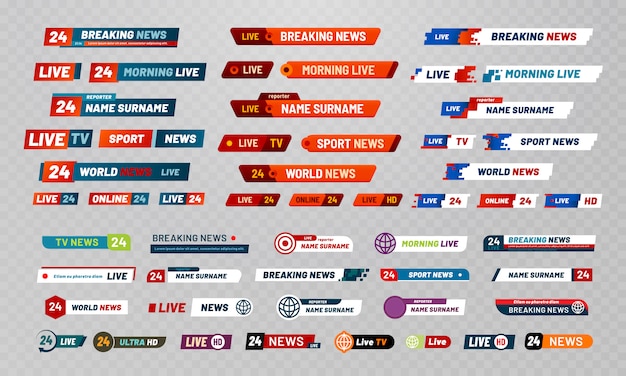 Tv broadcast title. Television broadcasting channels banners, show titles and news live video banner set