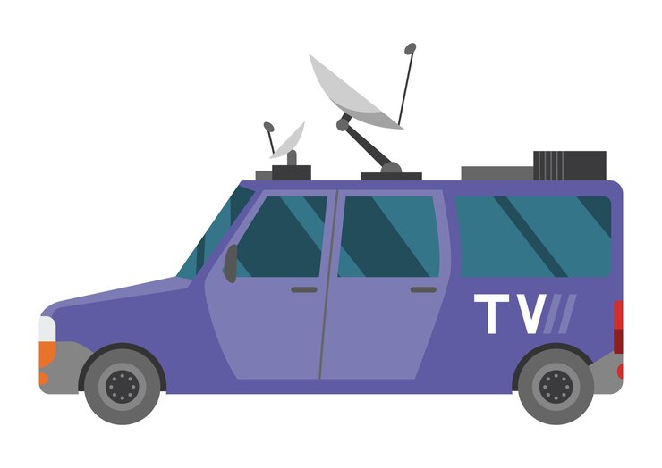 Vector tv broadcasting vehicle with satellite dish on the roof car with antenna for reporting news auto side view journalist transportation