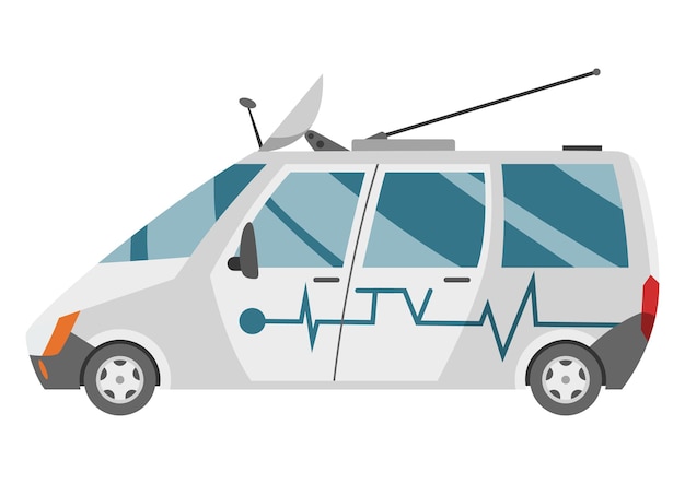 Veicolo per la trasmissione televisiva con parabola satellitare sul tetto auto con antenna per riportare le notizie vista laterale automatica trasporto giornalisti