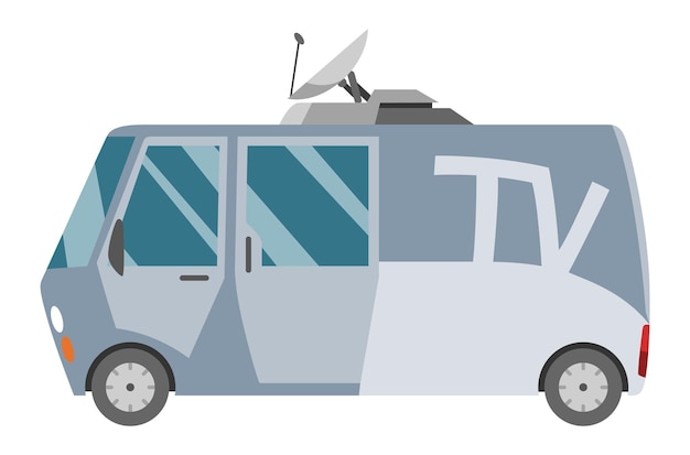 Veicolo per la trasmissione televisiva con parabola satellitare sul tetto auto con antenna per riportare le notizie vista laterale automatica trasporto giornalisti