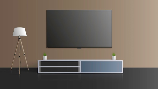 TV on a gray wall. Turn off the TV, a long loft bedside table.   illustration.