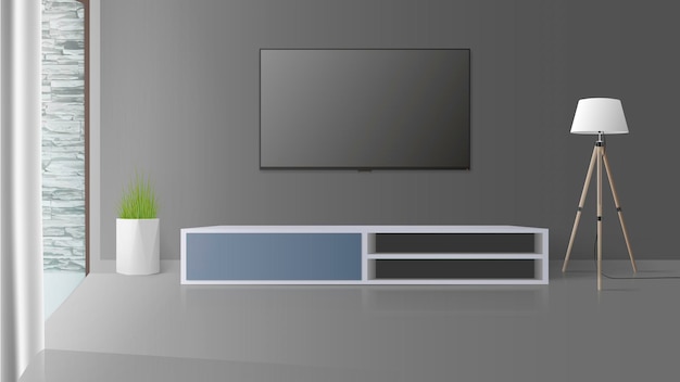 灰色の壁にテレビ。長いロフトのベッドサイドテーブルであるテレビの電源を切ります。図。