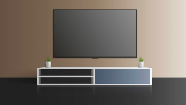 TV on a gray wall. Turn off the TV, a long loft bedside table. 