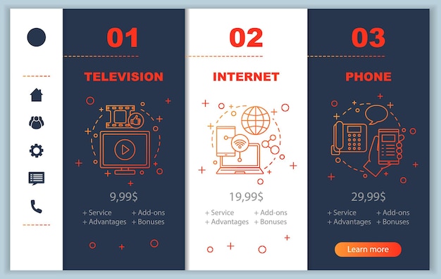 TV internet phone bundle onboarding mobile app screens with service prices Walkthrough website pages templates Communication services providers tariff plans steps Smartphone payment web layout