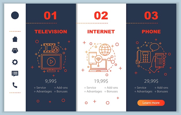 TV 인터넷 전화 번들 서비스 가격이 포함된 모바일 앱 화면 둘러보기 웹사이트 페이지 템플릿 통신 서비스 제공업체 관세 계획 단계 스마트폰 결제 웹 레이아웃