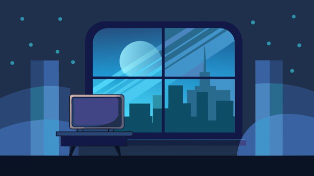 Vector the tv is set up in front of a large window allowing for a faint view of the stars and the calming