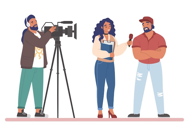 TV journalist street interview flat vector illustration News reporter female with microphone interviewing man cameraman shooting video Journalism mass media live hot breaking news broadcasting